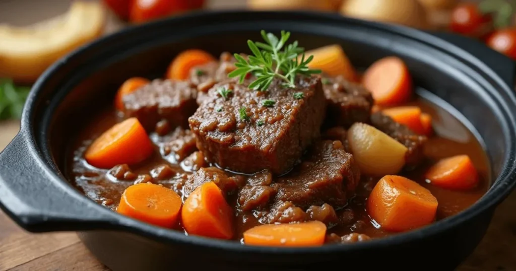 Boeuf bourguignon recette de grand-mère servi dans une cocotte avec des légumes et une sauce onctueuse.