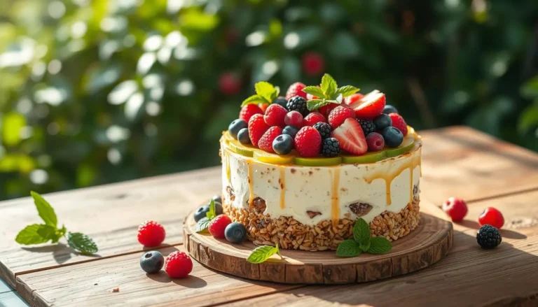 Un gâteau healthy fait maison, sans sucre ni gluten, garni de fruits frais comme des fraises et des myrtilles, sur une table en bois rustique avec des ustensiles de cuisine.