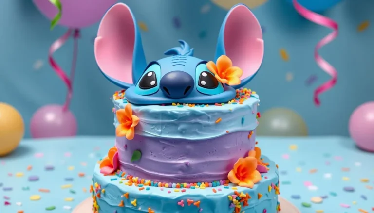 Gâteau Stitch décoré avec des couleurs vives et des détails inspirés du personnage Disney, parfait pour un anniversaire.