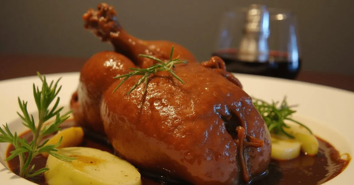 Magret de canard rôti au four, nappé de sauce brune, accompagné de pommes de terre dorées et décoré de romarin frais.