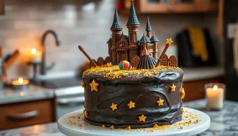 Un gâteau Harry Potter décoré avec des éléments emblématiques comme une écharpe aux couleurs de Gryffondor, des lunettes rondes, et un éclair en glaçage doré.