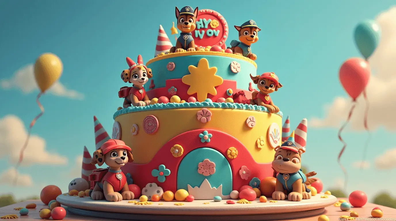 Un gâteau Pat Patrouille coloré et décoré avec des figurines de chiots, idéal pour une fête d'anniversaire d'enfant.