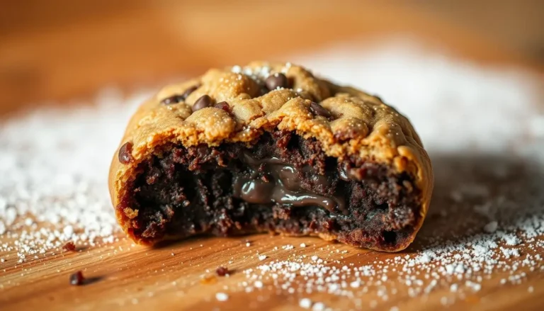 Recette Brookie : un mélange gourmand de brownie fondant et de cookie croquant, avec un cœur chocolaté, présenté sur une surface en bois.