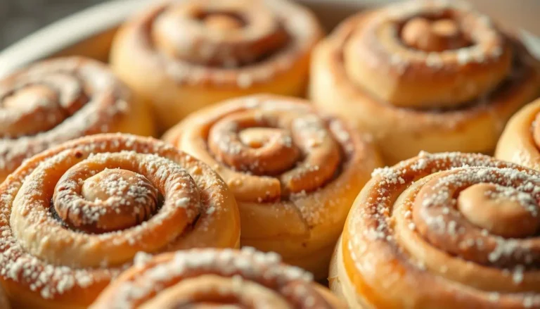 Recette cinnamon rolls : brioches moelleuses à la cannelle, dorées et fondantes, saupoudrées de sucre glace, parfaites pour un petit-déjeuner gourmand.
