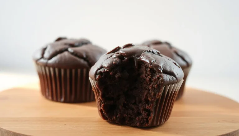 Recette muffin chocolat : muffins moelleux et riches en cacao, fraîchement cuits, avec une texture fondante et un dessus brillant et gourmand.