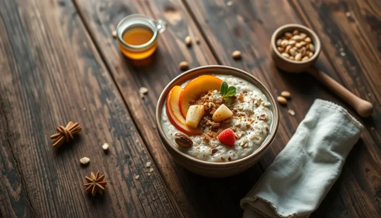 Porridge recette : un bol de flocons d’avoine crémeux garni de fruits, noix et miel sur une table en bois rustique.