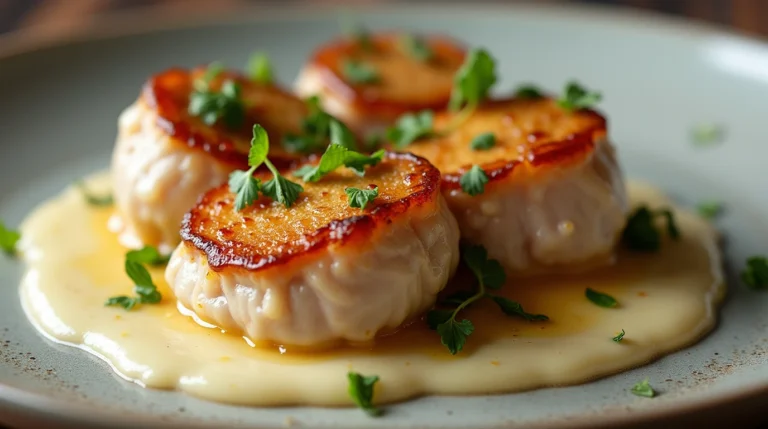 Ris de veau dorés accompagnés d'une sauce onctueuse et de champignons frais, présentés sur un lit de persil haché.