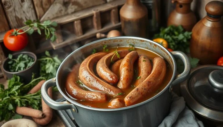 Saucisse de Morteau cuisson dans un grand pot avec des herbes fraîches et des légumes