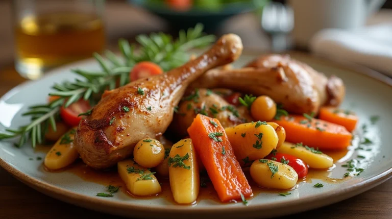 Recette cuisse de canard : Assiette présentant des cuisses de canard confites accompagnées de légumes rôtis et herbes fraîches, prête à être dégustée.