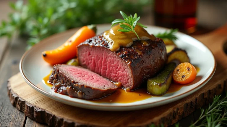 "Un filet mignon de bœuf parfaitement cuit, accompagné de légumes rôtis tels que des pommes de terre, des carottes et du brocoli, présenté sur une assiette blanche avec une sauce dorée au miel-moutarde." 4
