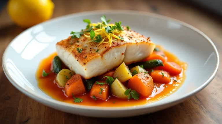 "Recette dos de cabillaud : un dos de cabillaud parfaitement cuit accompagné de légumes rôtis, servi dans une assiette blanche avec des zestes de citron frais et du persil haché parsemé dessus."