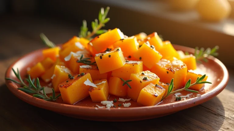 Une assiette présentant une recette de butternut au four avec des morceaux dorés et caramélisés, accompagnés de feuilles de thym frais et de copeaux de parmesan, sous une lumière chaude qui met en valeur la texture moelleuse du légume