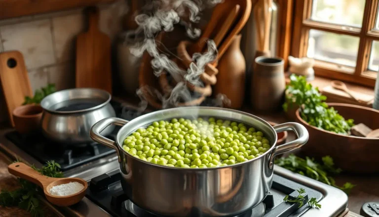 Cuisson des pois cassés dans une marmite avec vapeur, herbes fraîches et épices dans une cuisine rustique.