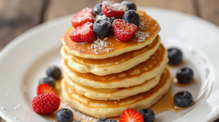 Recette pancakes fluffy : Mélange parfait de pâte à pancakes dans un bol avec des ingrédients frais disposés autour, prêt à être cuisiné.