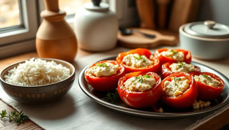 Tomates farcies recette de grand-mère avec riz, servies sur un plat rustique avec du riz parfumé en accompagnement, évoquant une cuisine traditionnelle et familiale