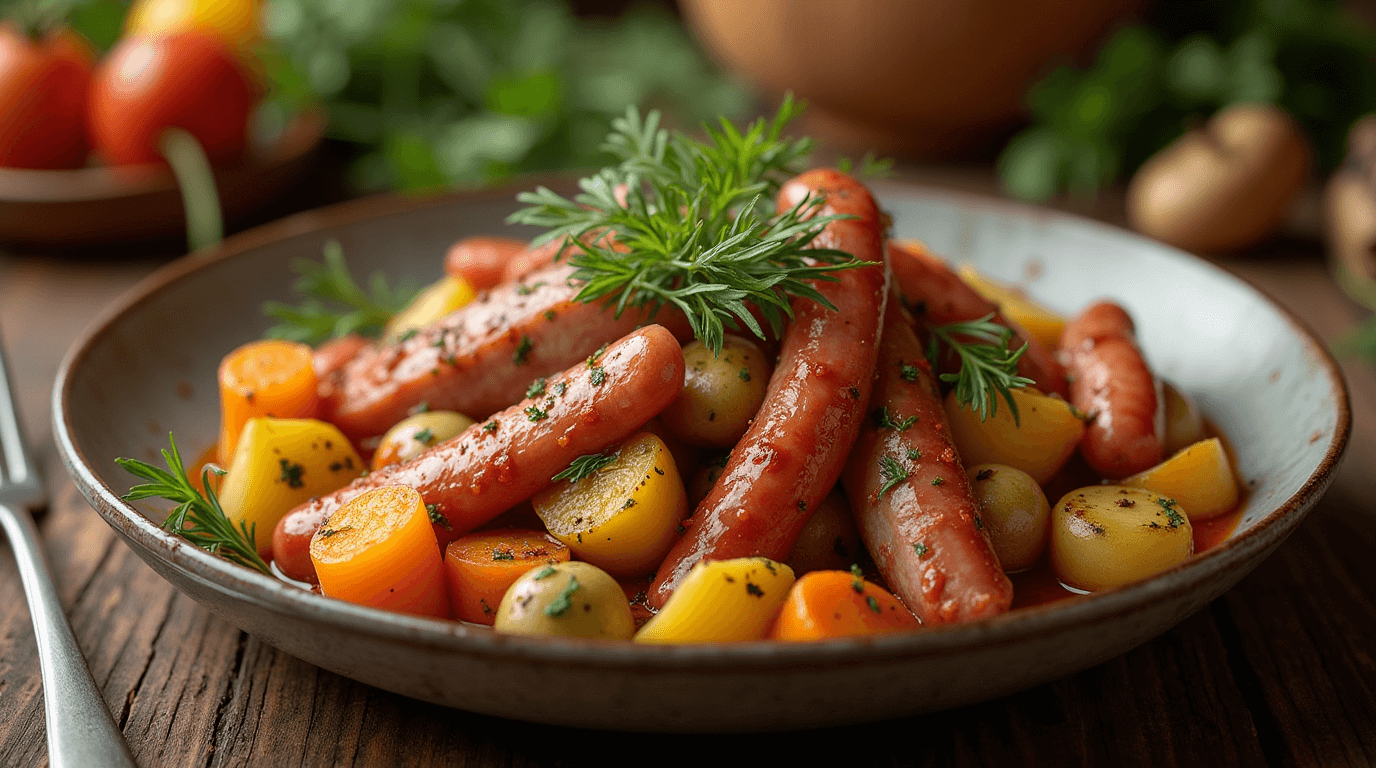 recette potée traditionnelle présentant une assiette fumante avec viande, saucisses, chou vert, pommes de terre et carottes, servie sur une table rustique