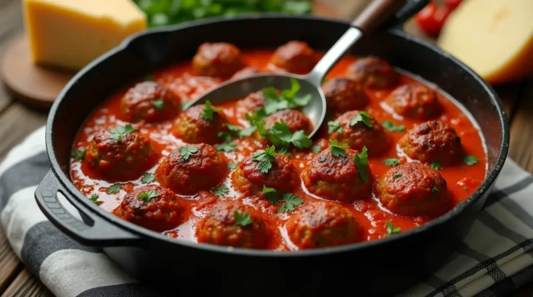 Boulettes de viande à la sauce tomate italienne dans une cocotte en fonte