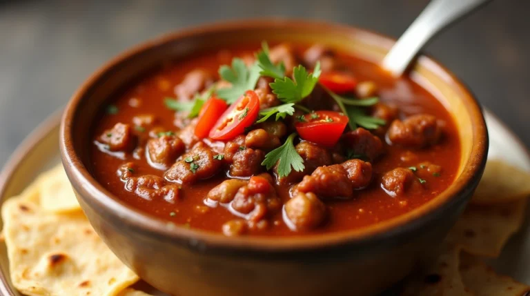 Bol de chili con carne recette garni de coriandre et piment rouge