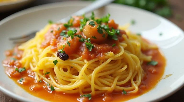 Courge spaghetti recette servie dans une assiette avec une sauce légère et des herbes fraîches.