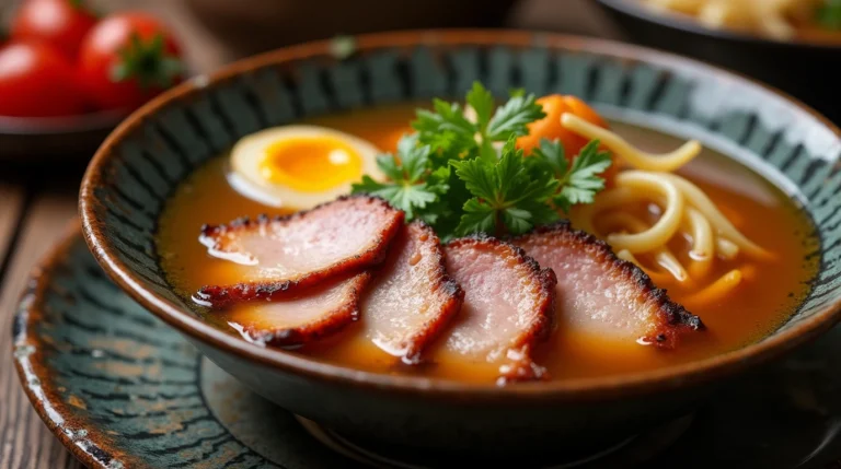 Recette Ramen avec bouillon doré, nouilles savoureuses, porc tendre, œuf mollet et algues nori, servie dans un bol fumant.