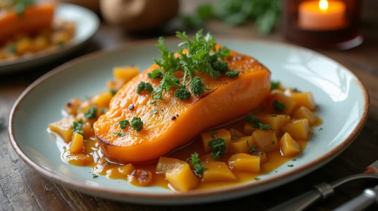 Un plat de butternut au four doré et caramélisé, garni d'herbes fraîches et de fromage fondu, présenté sur une assiette élégante sur une table rustique.