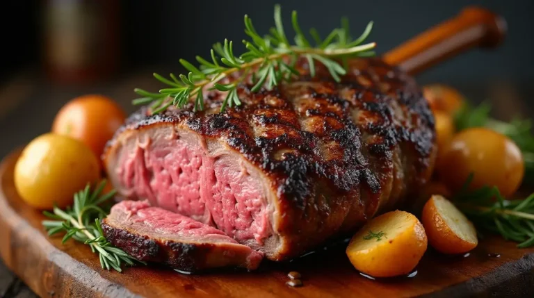 Cote de bœuf au four dorée et juteuse servie avec pommes de terre.