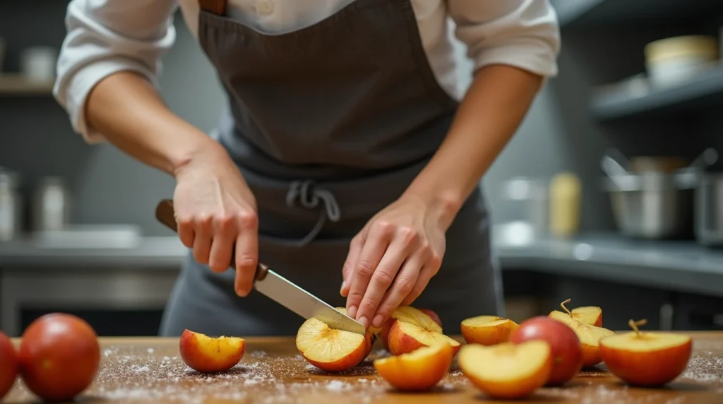 "Chef féminine préparant des pommes de terre au four en appliquant la technique du piquage"