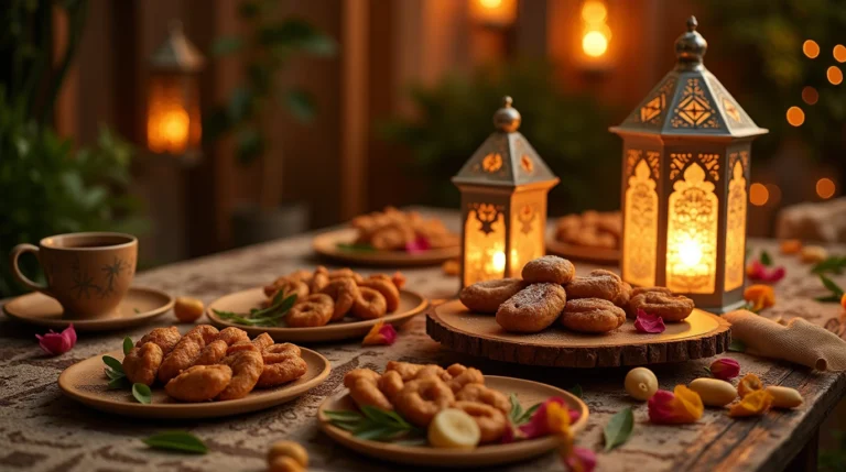 "Recette Ramadan : dattes farcies traditionnelles sur plateau de Ftour décoré avec lanternes et thé à la menthe"