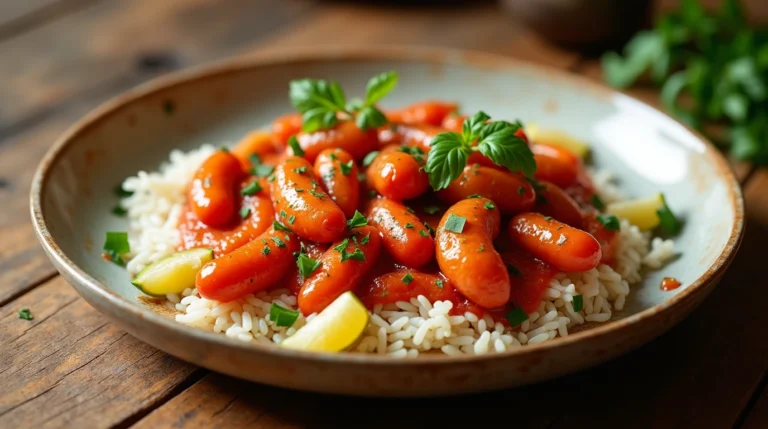 "Recette rougail saucisse – Plat appétissant avec saucisses fumées, sauce tomate épicée et riz"