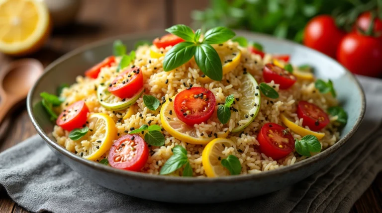 "Salade de riz recette colorée avec légumes croquants et herbes fraîches"