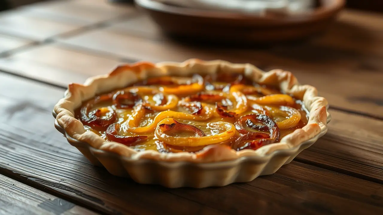 Tarte aux oignons dorée et croustillante sortie du four, servie sur une assiette en bois rustique.