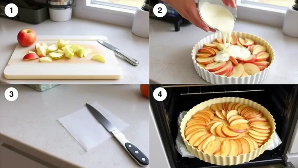 Étapes de la préparation d'une tarte normande aux pommes : découpe des pommes, fonçage de la pâte, mélange de l’appareil, montage.