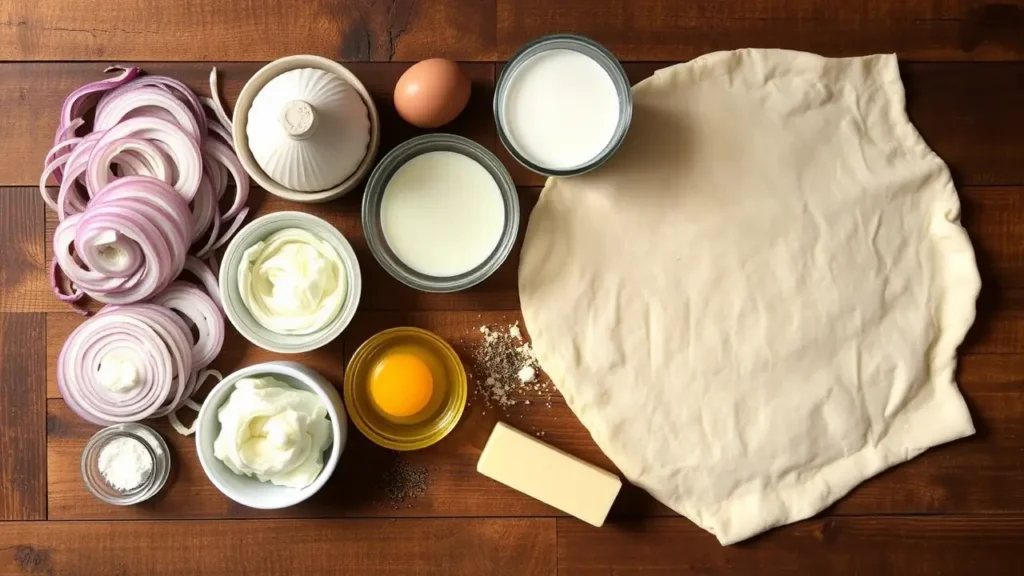 Ingrédients nécessaires pour une tarte aux oignons, disposés sur une table en bois.