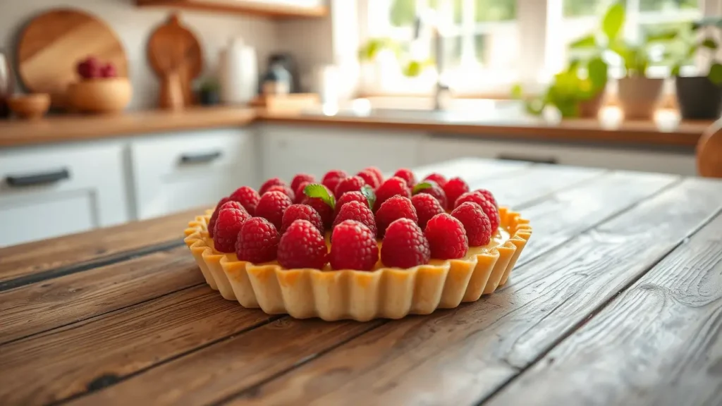 Tarte framboise maison dorée et gourmande présentée sur une table en bois"