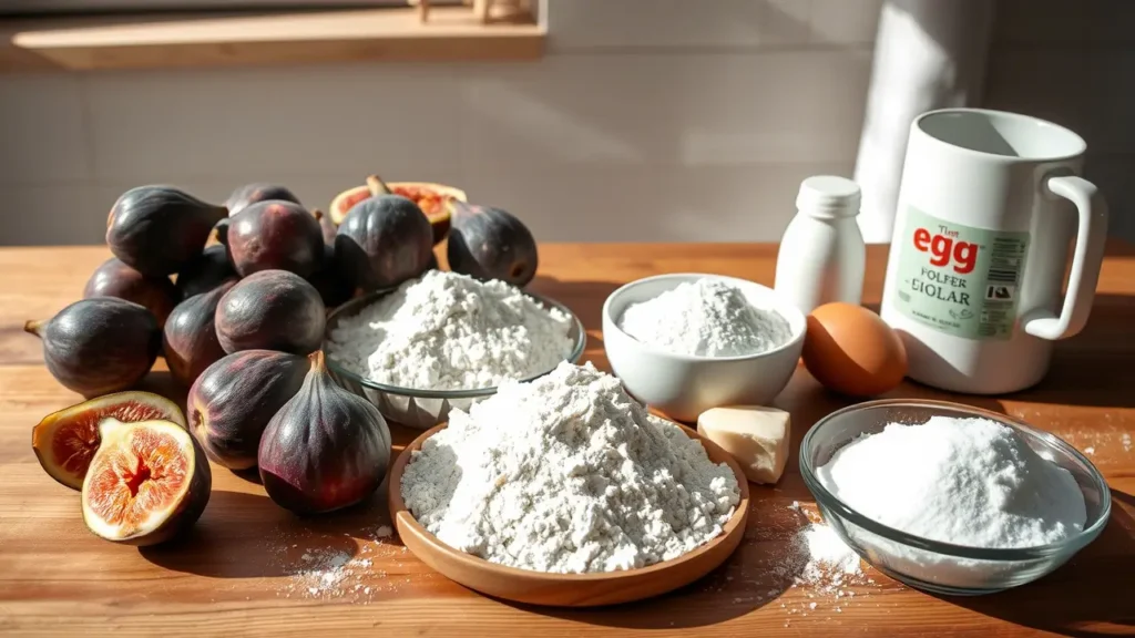 Ingrédients pour une tarte aux figues disposés sur une table : figues fraîches, farine, beurre, sucre, œufs.
