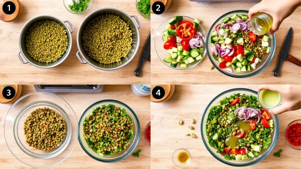Préparation de la salade lentilles avec cuisson des lentilles et découpe des légumes