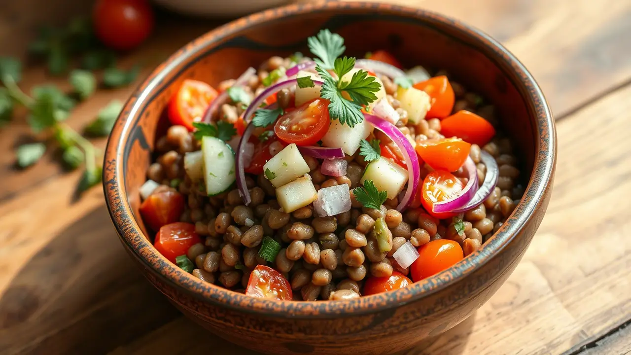 Salade de lentilles servie dans un bol avec légumes frais.
