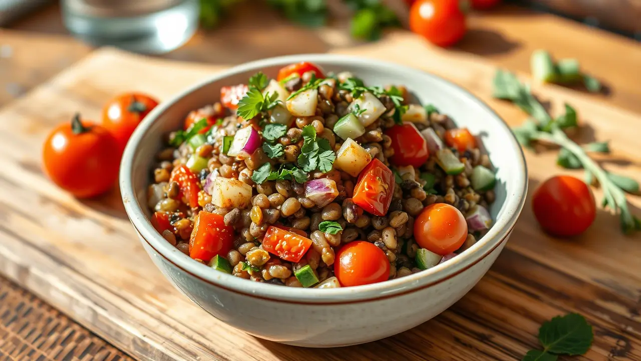 Salade lentilles servie dans une assiette colorée avec légumes frais