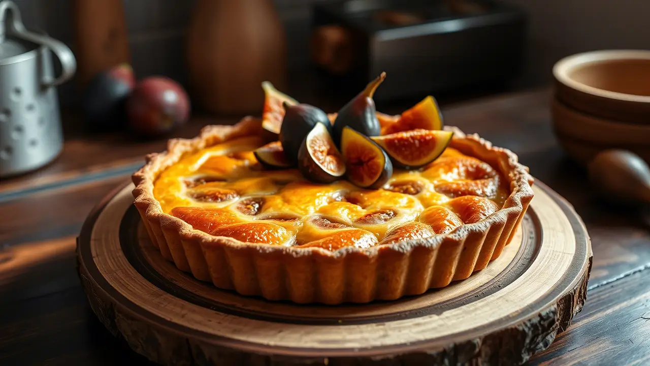 Tarte aux figues dorée et croustillante sortie du four, servie sur une assiette en bois.