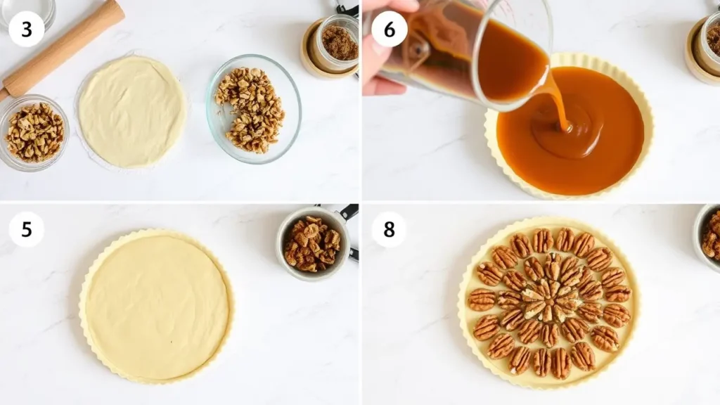 Ingrédients et préparation de la tarte aux noix sur un plan de travail
