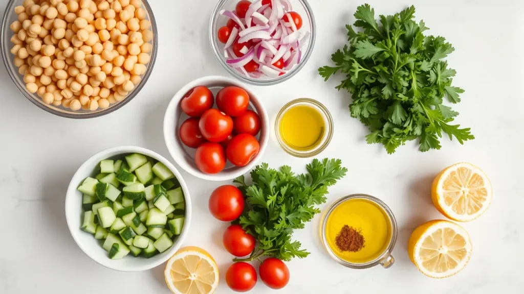 Ingrédients frais pour préparer une salade pois chiche