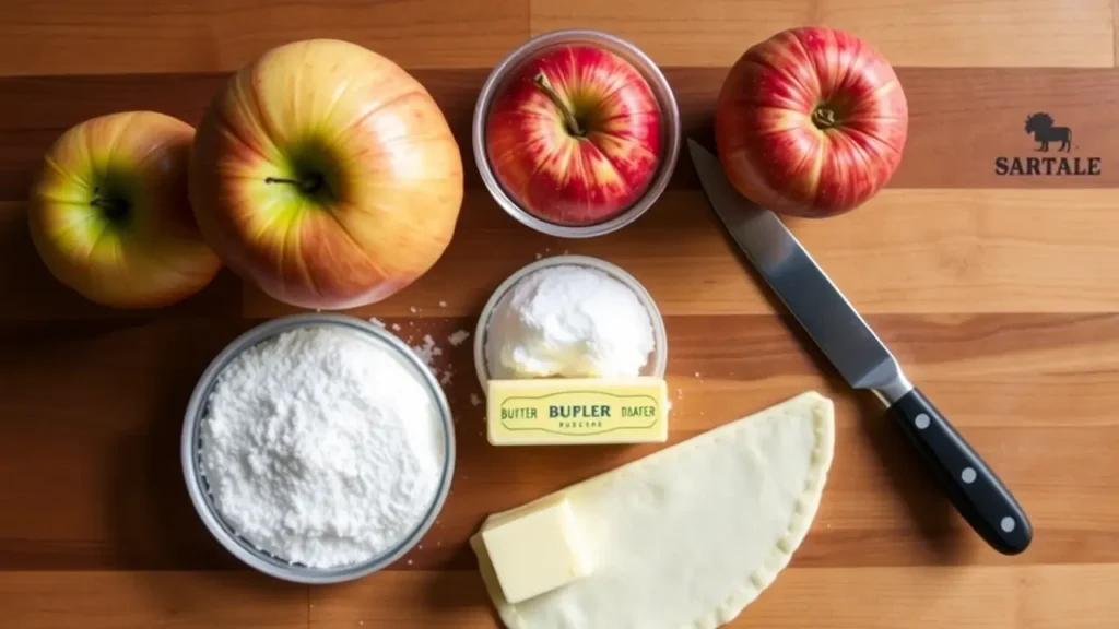 Ingrédients pour réaliser une tarte fine aux pommes : pommes, pâte feuilletée, sucre, beurre