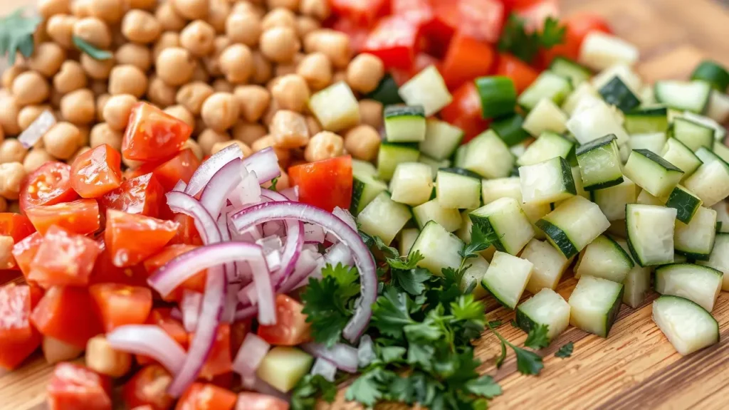Ingrédients frais pour préparer une salade de pois chiche : pois chiches, tomates, concombres, oignons, herbes.
