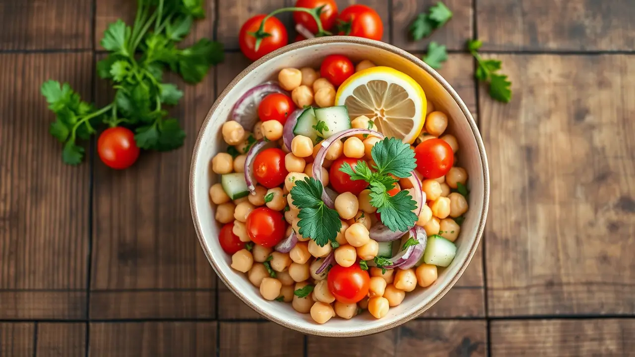 Salade pois chiche colorée servie dans une assiette avec légumes frais