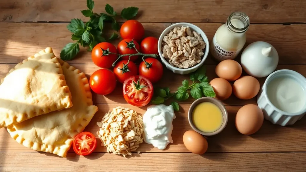 Ingrédients pour préparer une tarte thon tomate : pâte brisée, thon, tomates, moutarde, œufs, crème