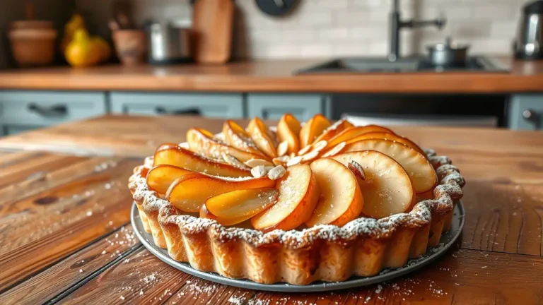 Tarte amandine aux poires dorée avec amandes effilées, sortie du four