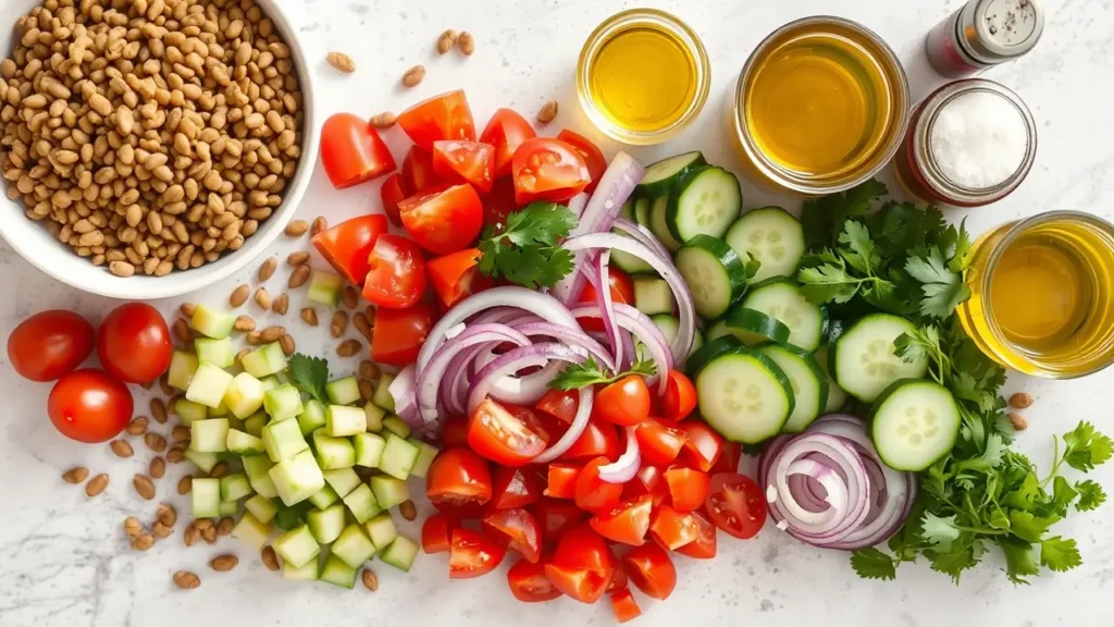 Ingrédients frais pour une salade de lentilles : lentilles, légumes, herbes, vinaigrette.
