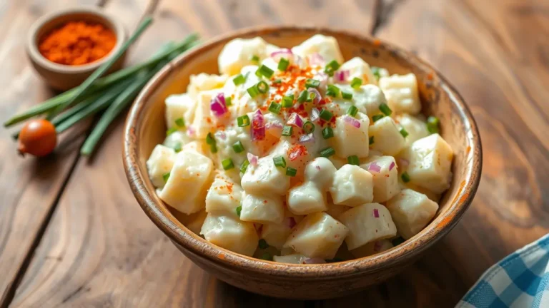 Salade de pommes de terre crémeuse et colorée servie dans un bol