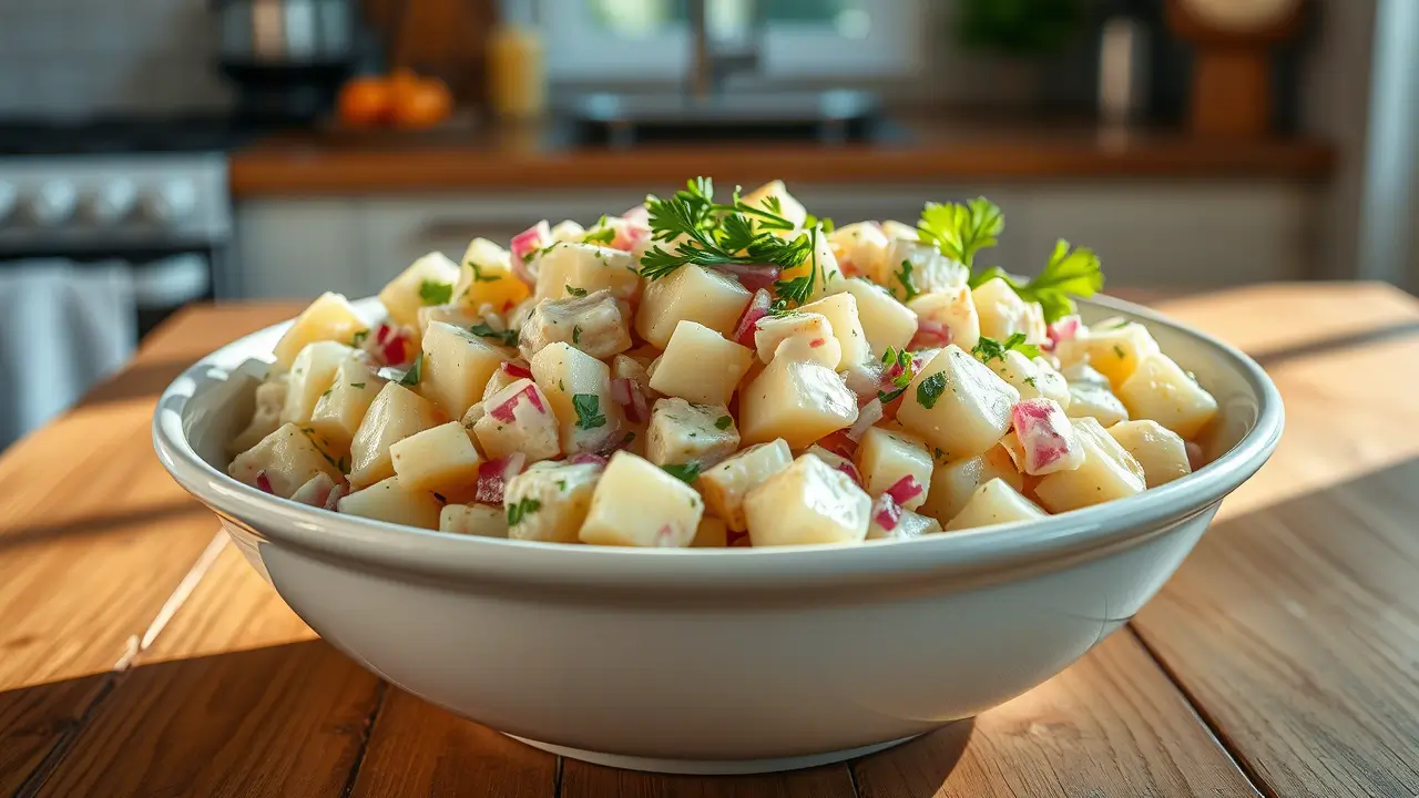 Salade pomme de terre servie dans un grand plat, prête à être dégustée"