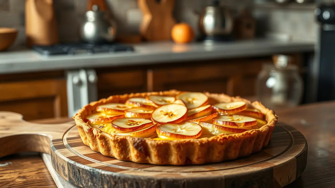 Tarte normande aux pommes dorée et croustillante sortie du four, posée sur une planche en bois.